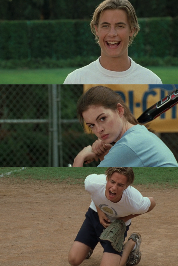 A closeup of Josh Bryant as he laughs, a closeup of Mia as she holds a softball bat, and a closeup of Josh holding his groin