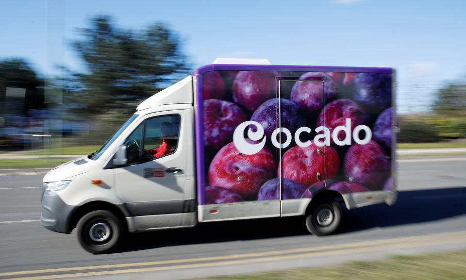 An Ocado delivery van is seen driving in Hatfield, UK