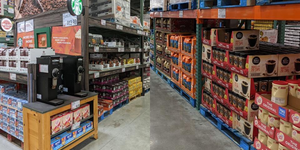 Coffee grinding station at BJ's and coffee beans in packaging at Costco