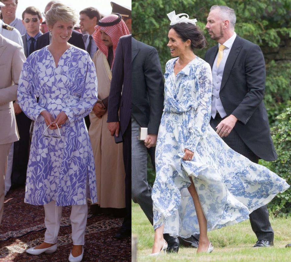 Links Prinzessin Diana 1986, rechts Herzogin Meghan 2018 – die Ähnlichkeit der Outfits ist verblüffend. (Bilder: Rex Features)