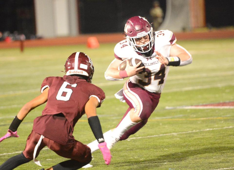 Killingly senior Soren Rief (34) rushed for 431 yards and seven touchdowns in a 64-35 win over East Lyme on Friday night.