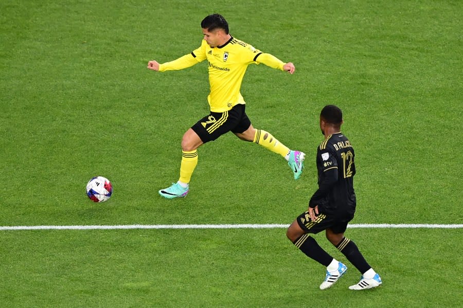 COLUMBUS, OHIO – DECEMBER 09: Cucho Hernández #9 of Columbus Crew controls the ball while defended by Diego Palacios #12 of Los Angeles FC during the first half during the 2023 MLS Cup at Lower.com Field on December 09, 2023 in Columbus, Ohio. (Photo by Emilee Chinn/Getty Images)