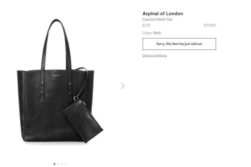 'Sorry this item is sold out': The Essential Pebble Tote which usually sells for £250. (Harrods)