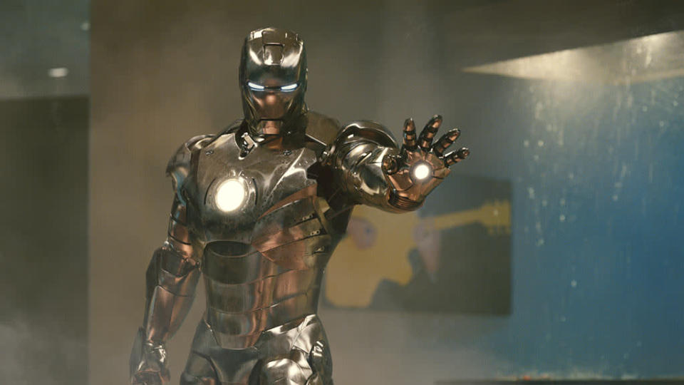 <b>Mark II:</b> <br> Tony only ever took his silver prototype version out for a test flight (and crash landing). In the second movie, Stark's friend James "Rhodey" Rhodes took the suit and added on weapons to become War Machine. In the new photo, it looks like Tony stripped it back down to its shiny basics.