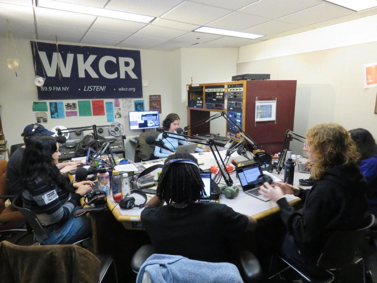 <span>WKCR's broadcasting studio. Directed by the DJ, a panel of student journalists work together with the field reporters to record and upload live coverage. </span><span>Photograph: Victoria Borlando</span>