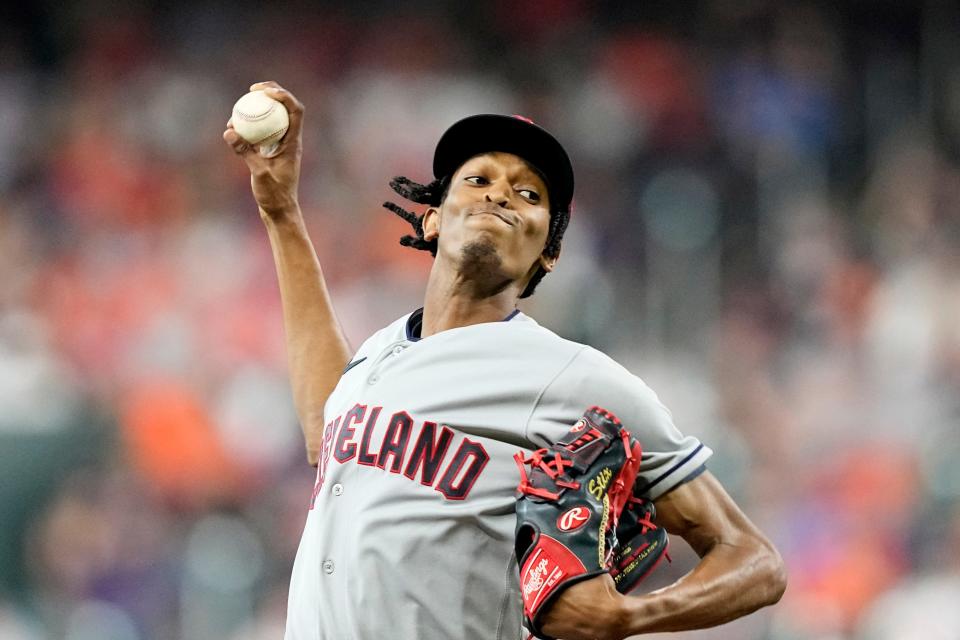 Cleveland Guardians starting pitcher Triston McKenzie throws against the Houston Astros during the first inning of a baseball game Monday, May 23, 2022, in Houston. (AP Photo/David J. Phillip)