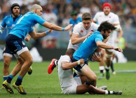 Rugby Union - Italy v England - RBS Six Nations Championship 2016 - Stadio Olimpico, Rome, Italy - 14/2/16 England's Owen Farrell and Jonathan Joseph tackle Italy's Luke McLean Action Images via Reuters / Paul Childs