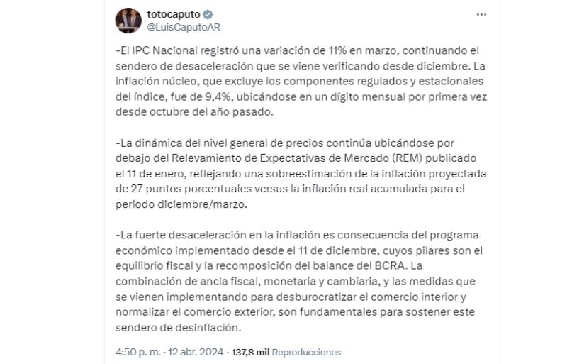 El mensaje de Luis Caputo en el que se refirió al dato de inflación de marzo