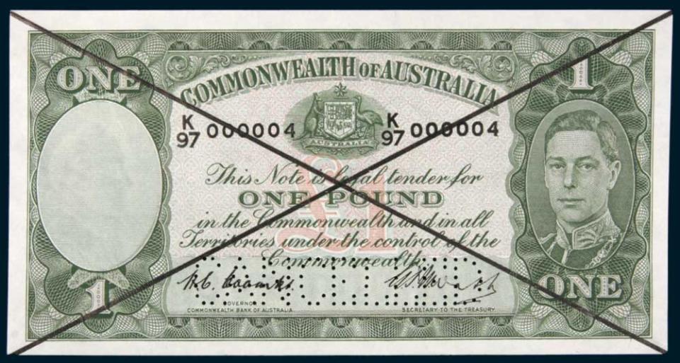 A one-pound banknote in the set expected to fetch more than $250,000 in the Noble Numismatics auction in Sydney.