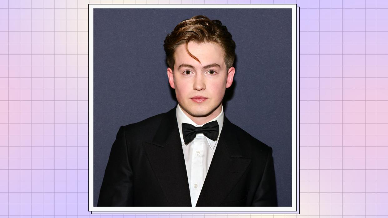  Kit Connor wears a black suit as he  attends the dunhill & BSBP pre-BAFTA filmmakers dinner & party at Bourdon House on February 15, 2023 in London, England./ in a purple and pink template 