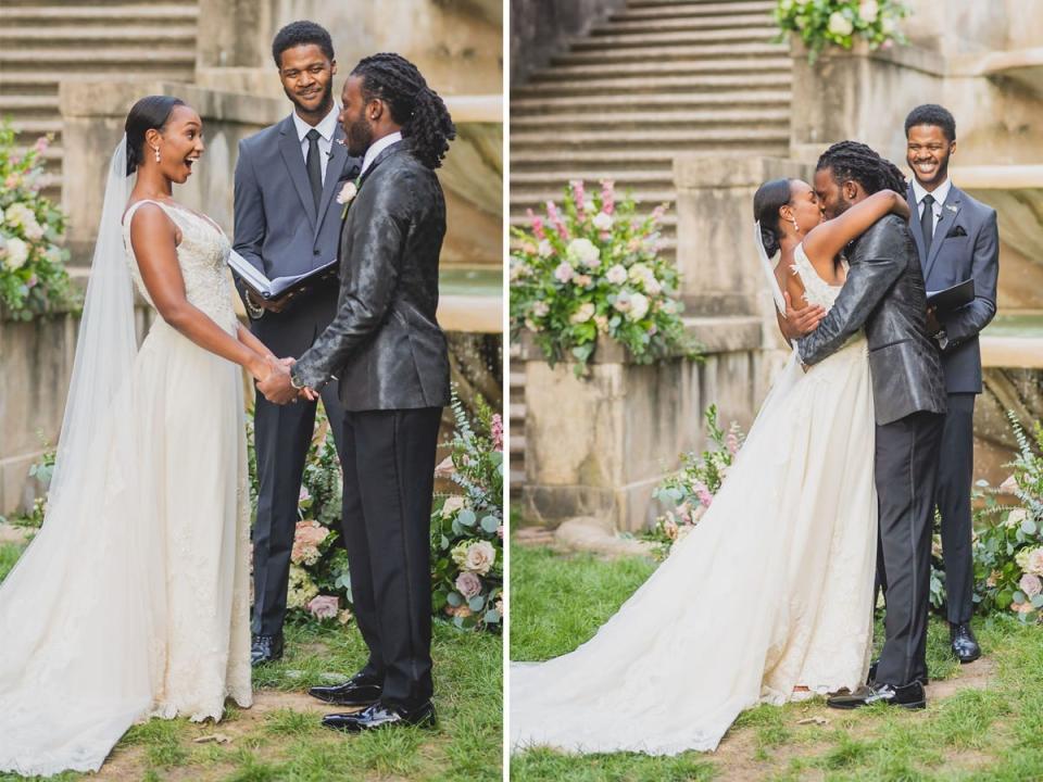 A side-by-side of a bride and groom saying their vows and kissing during their wedding ceremony.