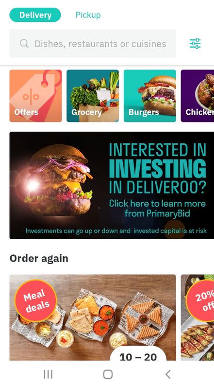 Screenshot of advertisement for Deliveroo's customers to take part in the company's IPO