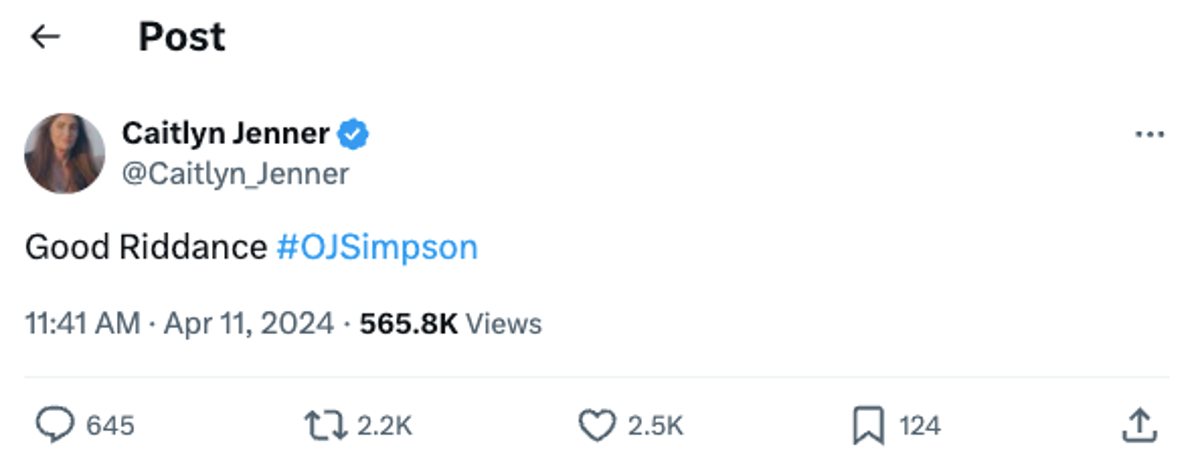 Caitlyn Jenner responds to OJ Simpson death (Twitter/X)