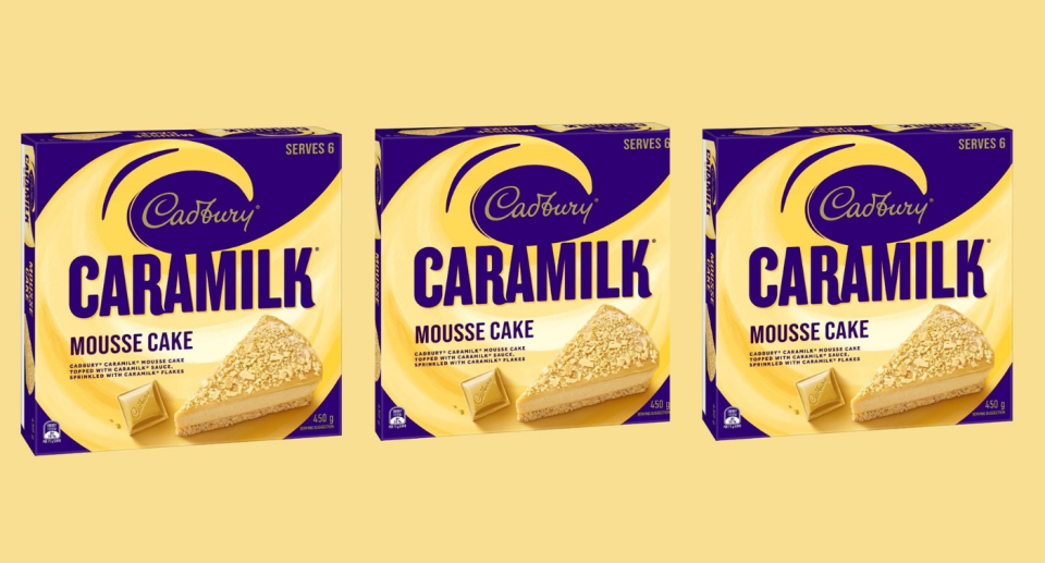 Three boxes of Cadbury Caramilk Mousse Cake in gold and purple packaging