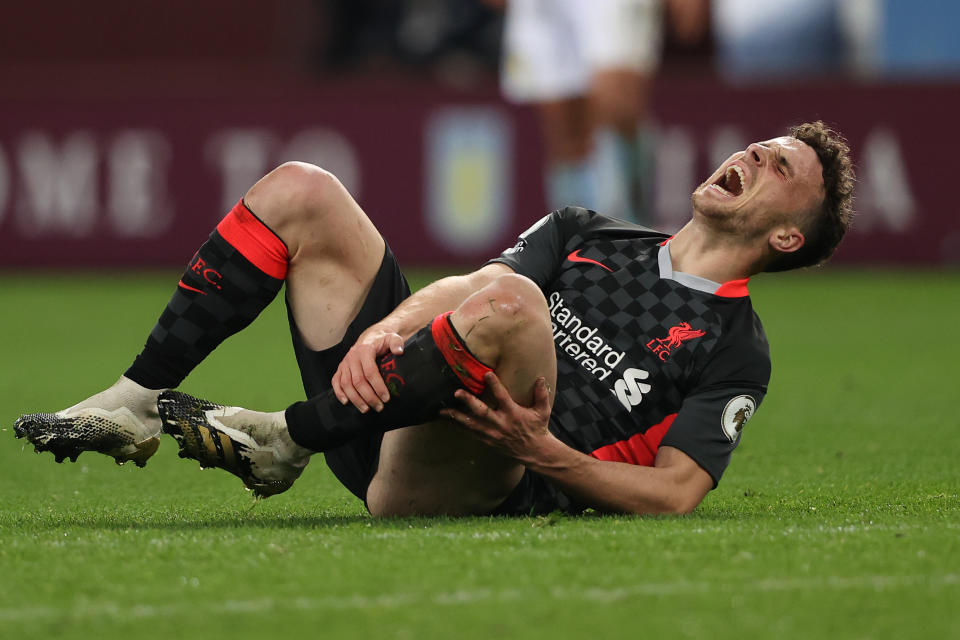 BIRMINGHAM, ENGLAND - OCTOBER 04: Diogo Jota of Liverpool during the Premier League match between Aston Villa and Liverpool at Villa Park on October 4, 2020 in Birmingham, United Kingdom. Sporting stadiums around the UK remain under strict restrictions due to the Coronavirus Pandemic as Government social distancing laws prohibit fans inside venues resulting in games being played behind closed doors. (Photo by Matthew Ashton - AMA/Getty Images)