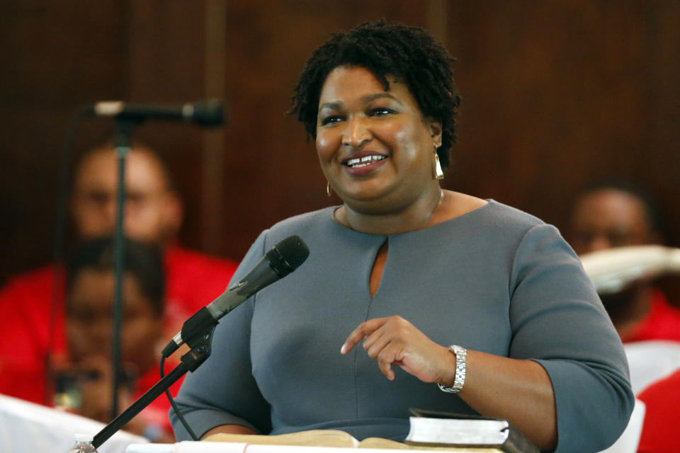 FILE - Former gubernatorial candidate and former state Rep. Stacey Abrams speaks to the congregation at Brown Chapel church in Selma , Ala. on March 1, 2020. Abrams, the voting rights activist and former gubernatorial candidate in Georgia, also has a career in writing novels. Her next one, the Supreme Court thriller “While Justice Sleeps,” come out May 25. (AP Photo/Butch Dill, File)