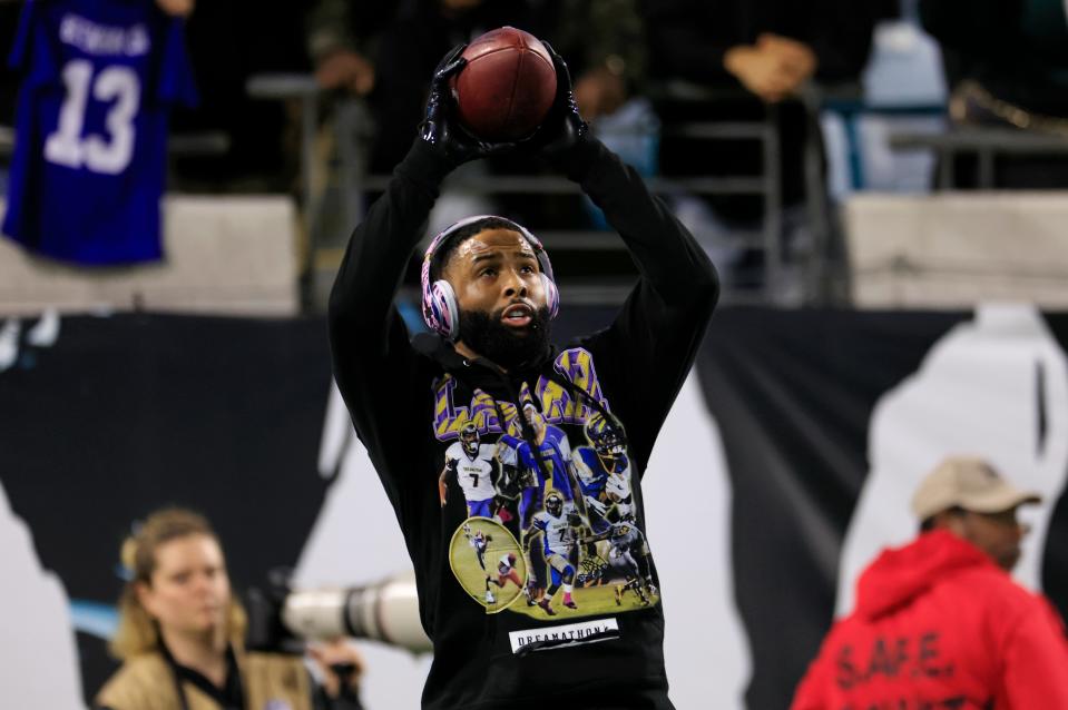 Baltimore Ravens wide receiver Odell Beckham Jr. (3) warms up before a regular season NFL football matchup Sunday, Dec. 17, 2023 at EverBank Stadium in Jacksonville, Fla. [Corey Perrine/Florida Times-Union]