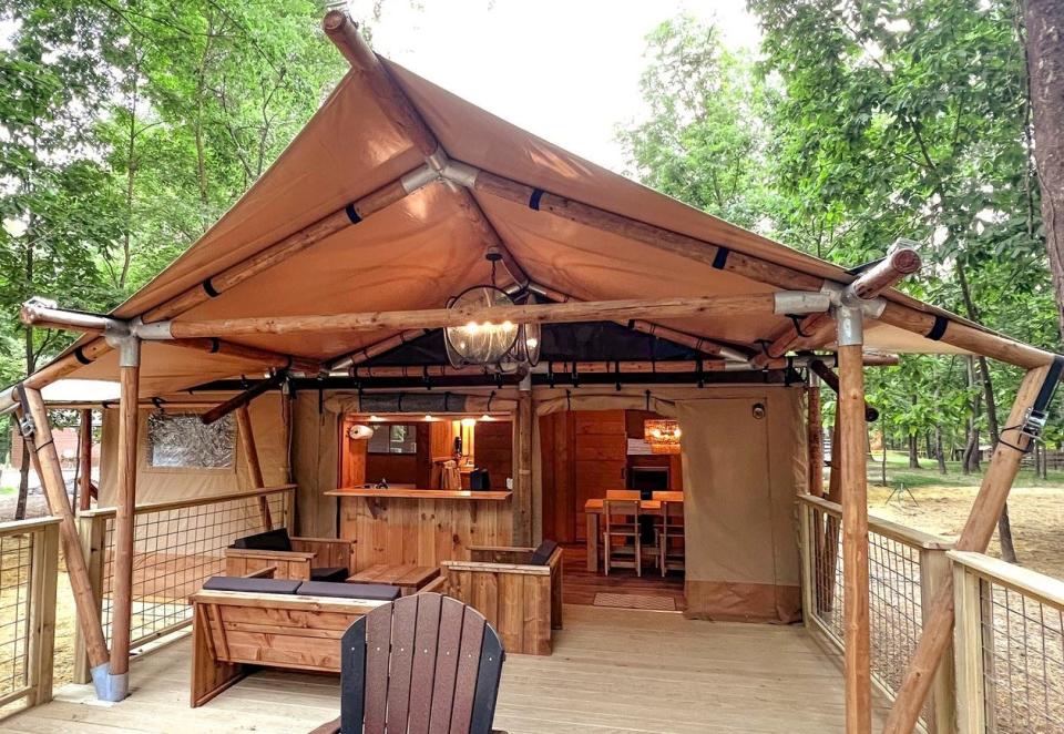 A glamping tent at Coshocton KOA Holiday Campground