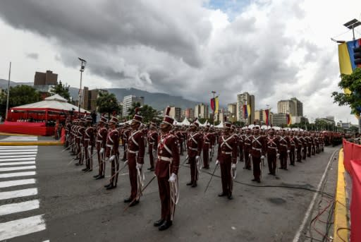 A picture taken during a ceremony attended by Venezuelan President Nicolas Maduro to celebrate the 81st anniversary of the National Guard in Caracas on August 4, 2018