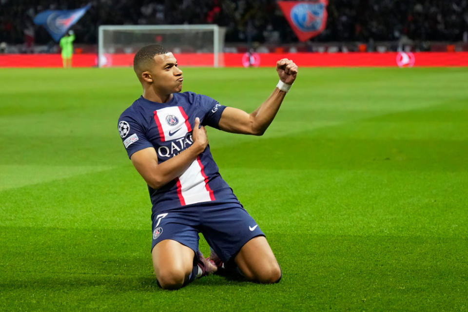 Kylian Mbappe reacts after scoring the first goal of the game during the Champions League match between Paris Saint-Germain (PSG) and SL Benfica on October 11, 2022, at Parc des Princes Stadium in Paris, France.