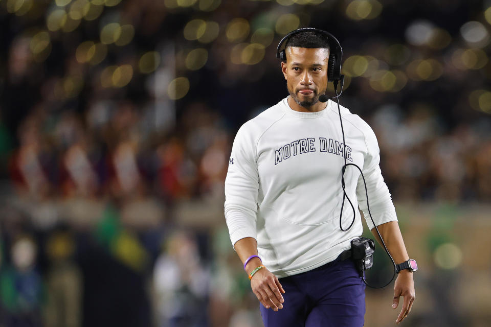 Notre Dame coach Marcus Freeman walks the sideline during his team's loss to Ohio State on Sept. 23. (Michael Reaves/Getty Images)