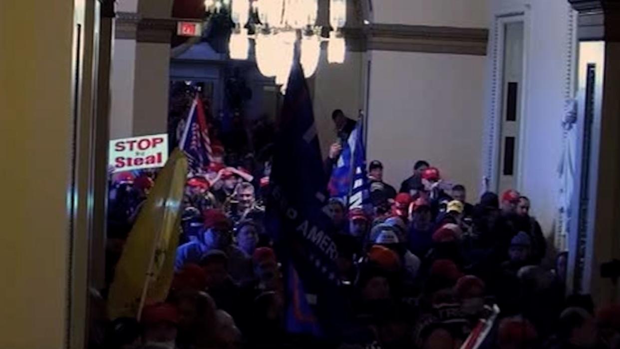 Democrats presented previously unseen surveillance video captured inside the U.S. Capitol during the Jan. 6 siege by Trump supporters. The video also included body camera footage from one of the Capitol police officers.