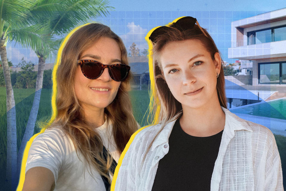 Jule-Marie Rose und Mareike Sophie Zeidler haben sich – unabhängig voneinander – selbstständig gemacht und leben derzeit als digitale Nomadinnen auf Bali. - Copyright: Jule-Marie Rose (links); Mareike Sophie Zeidler (rechts); Collage: Getty Images / Suthin Saenontad, Unsplash / webaliser