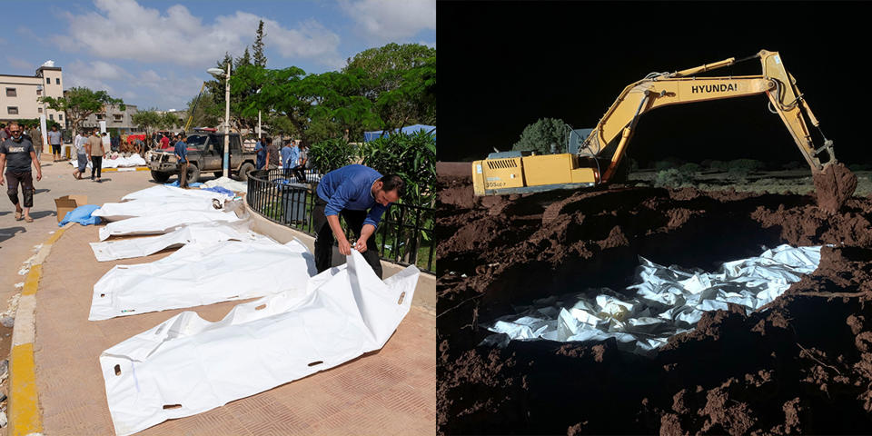 Left: A man looks at a dead body, after a powerful storm and heavy rainfall hit Libya, in Derna, Libya, on Tuesday.

Right: Workers bury the bodies of victims of recent flooding caused by Mediterranean storm Daniel near the city of Derna, Libya, late Tuesday. (AP; Reuters)
