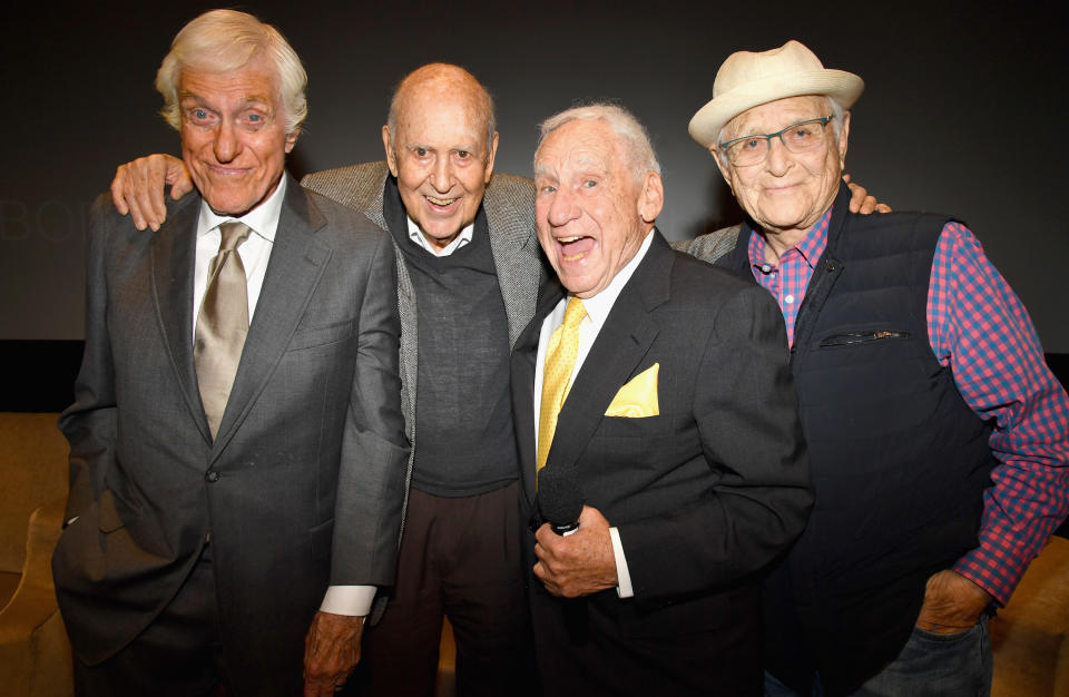 BEVERLY HILLS, CA - MAY 17:  (L-R) Dick Van Dyke, Carl Reiner, Mel Brooks and Norman Lear at the LA Premiere of "If You're Not In The Obit, Eat Breakfast" from HBO Documentaries on May 17, 2017 in Beverly Hills, California.  (Photo by Jeff Kravitz/FilmMagic)
