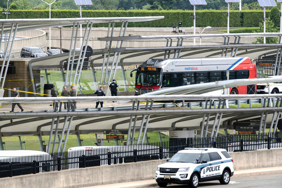 Image: Police secure the area near the Pentagon Metro area on Aug. 3, 2021, at the Pentagon in Washington. (Cliff Owen / AP)