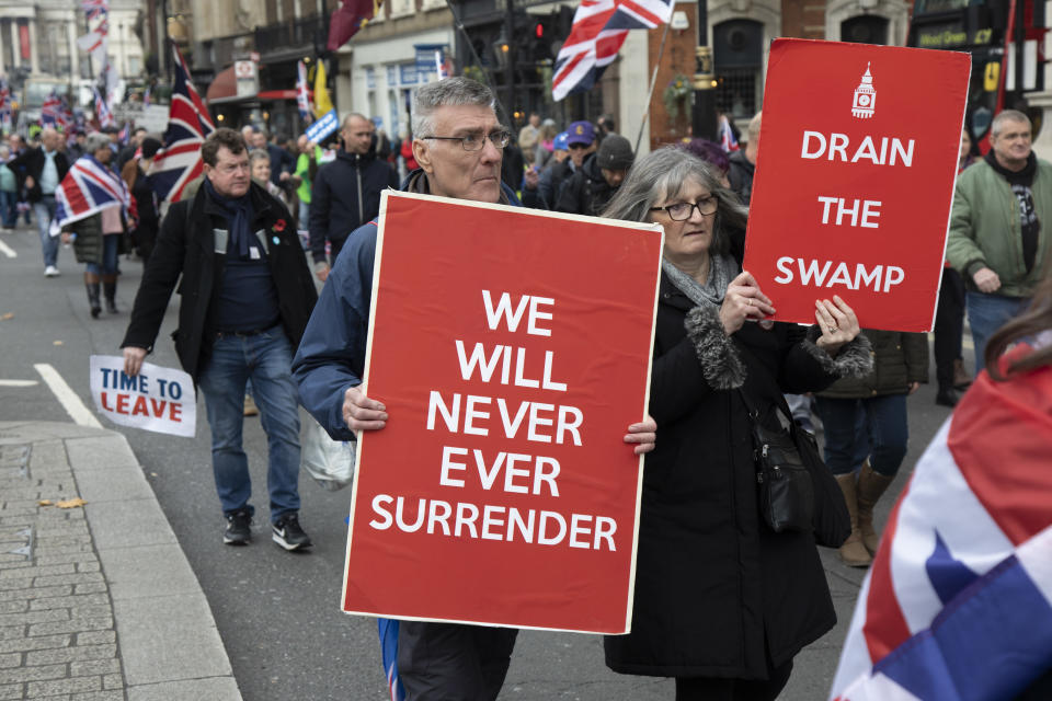 Pro Brexit anti European Union Leave protesters demonstrating in Westminster on what, prior to another Brexit Day extension, would have been the day the UK was scheduled to leave the EU, and instead political parties commence campaigning for a General Election on 31st October 2019 in London, England, United Kingdom. Brexit is the scheduled withdrawal of the United Kingdom from the European Union. Following a June 2016 referendum, in which 51.9% of participating voters voted to leave. (photo by Mike Kemp/In Pictures via Getty Images)