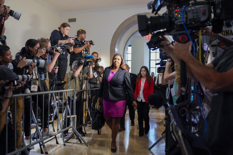 New York Attorney General Letitia James arrives at New York Supreme Court, Wednesday, Oct. 4, 2023, in New York. (AP Photo/Mary Altaffer)