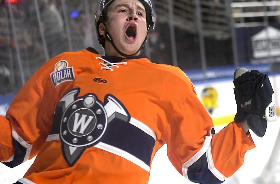 The Railers' Reece Newkirk celebrates his second-period goal against Adirondack on Opening Night.