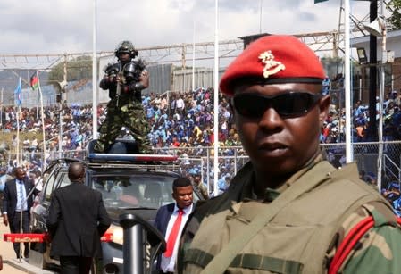 A member of Malawi's security services looks on as President Peter Mutharika arrives for his inauguration ceremony in Blantyre