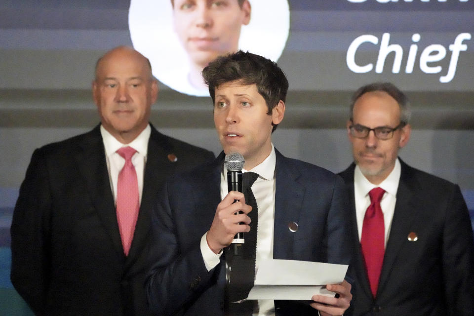 FILE - Open AI Chief Executive Officer Sam Altman (C) speaks at the Advancing Sustainable Development through Safe, Secure, and Trustworthy AI event on Sept. 23, 2024, in New York. (Bryan R. Smith/Pool Photo via AP)