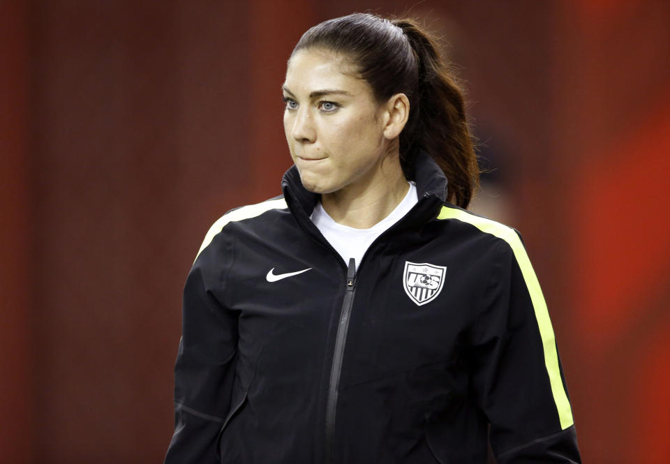 Jun 29, 2015; Montreal, Quebec, CAN; United States goalkeeper Hope Solo walks onto the field for a training session for the Women's World Cup at Olympic Stadium. Mandatory Credit: Michael Chow-USA TODAY Sports 