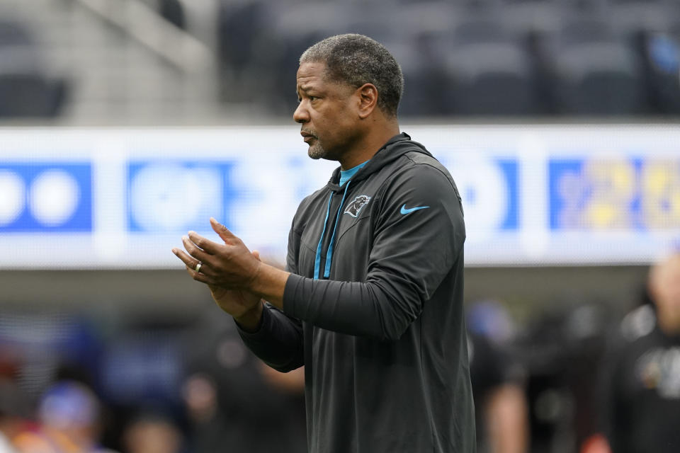 Carolina Panthers head coach Steve Wilks walks on the field before an NFL football game Sunday, Oct. 16, 2022, in Inglewood, Calif. (AP Photo/Ashley Landis)