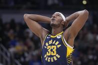 Indiana Pacers' Myles Turner reacts after getting called for a foul during the second half of an NBA basketball game against the Philadelphia 76ers, Monday, March 6, 2023, in Indianapolis. (AP Photo/Darron Cummings)