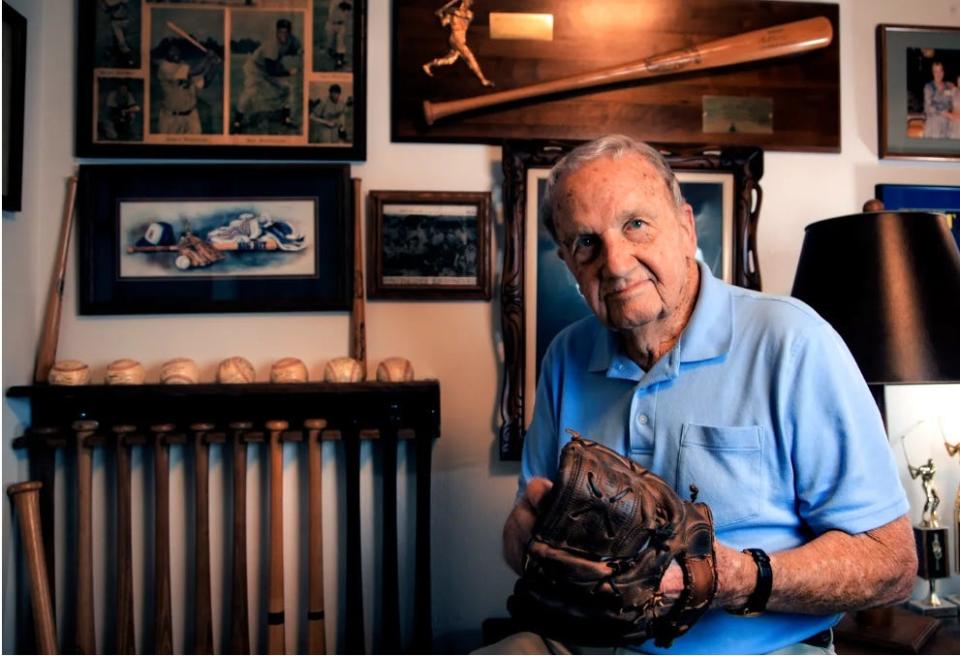 Bobby Morgan, shown here in a photo published in 2018 by The Oklahoman, was a member of the 1952 and 1953 Brooklyn Dodgers World Series teams. Morgan played third base for the Montreal Royals in the first game the Brookyln Dodgers played in Vero Beach March 31, 1948.