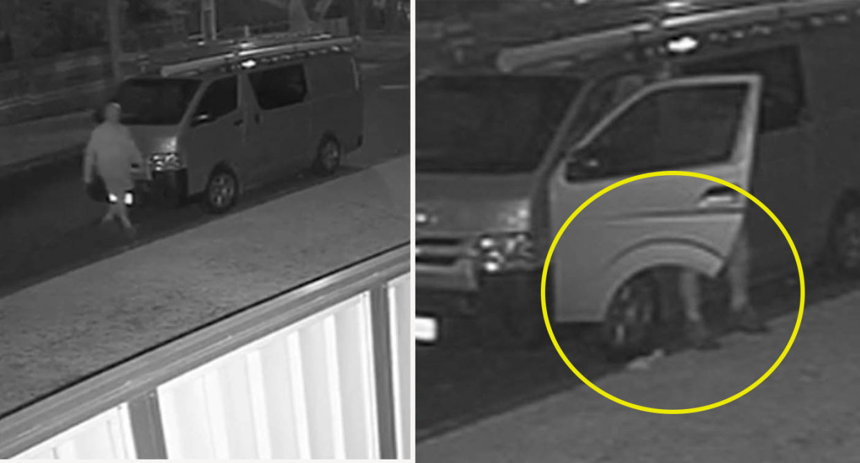 CCTV showing man jump out of van and poo in kerb outside Melbourne home. 