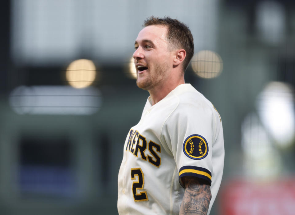 Milwaukee Brewers' Brice Turang reacts after his single drove in the winning run against the Minnesota Twins during the 10th inning of a baseball game Wednesday, Aug. 23, 2023, in Milwaukee. (AP Photo/Jeffrey Phelps)