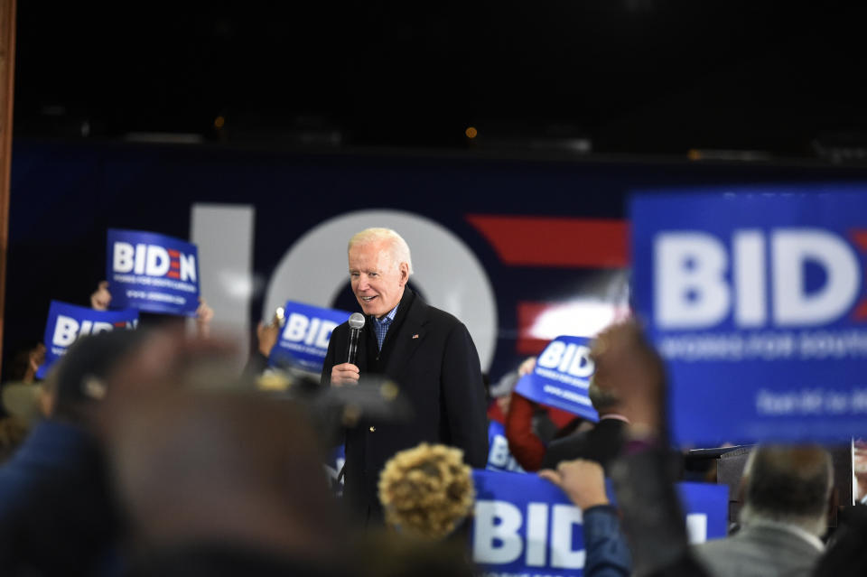 Joe Biden's strategy for winning the Democratic presidential nomination hinges in part on a convincing win in South Carolina's Feb. 29 primary. Here, he campaigns at an oyster roast event on Sunday in Orangeburg, S.C. (Photo: ASSOCIATED PRESS)