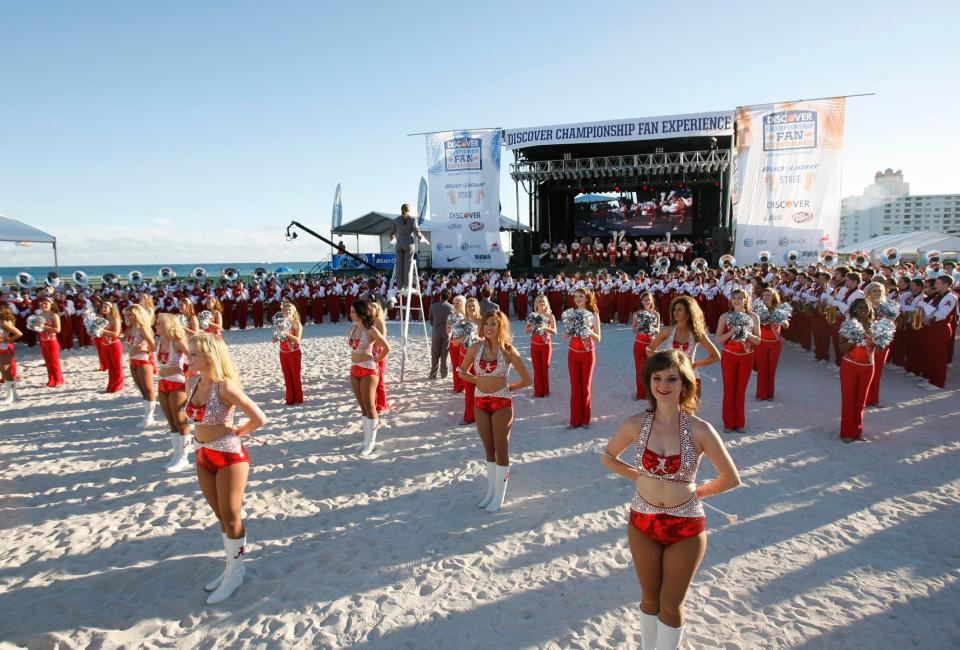 The University of Alabama's Million Dollar Band and cheerleaders enjoy a beach getaway at South Beach in Miami, Fla. on Saturday Jan. 5, 2013. [Staff file photo]