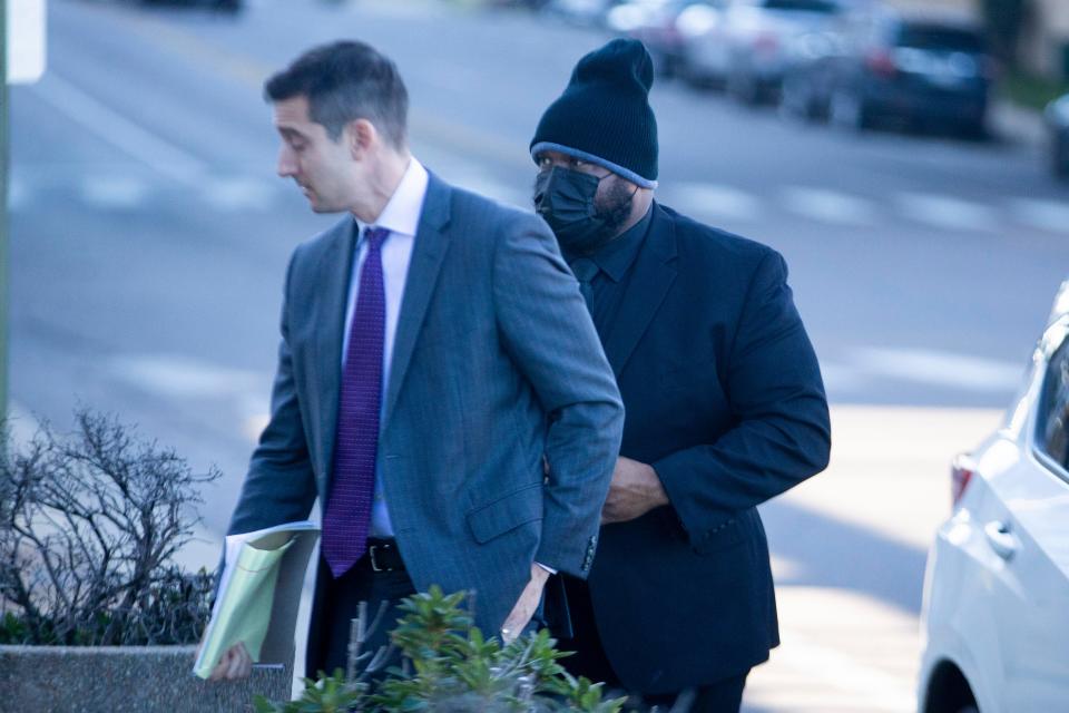 Blake Ballin, the attorney representing Desmond Mills Jr., and Mills, one of the now-former Memphis police officers indicted in connection to the beating and death of Tyre Nichols, walk into the Odell Horton Federal Building to enter a plea deal in the federal case against him in Downtown Memphis, Tenn., on Thursday, Nov. 2, 2023.