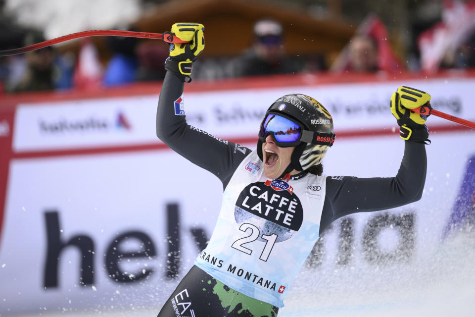 Federica Brignone of Italy reacts in the finish area during an alpine ski, women’s World Cup downhill race in Crans Montana, Switzerland, Sunday, Feb. 26, 2023. (Alessandro della Valle/Keystone via AP)