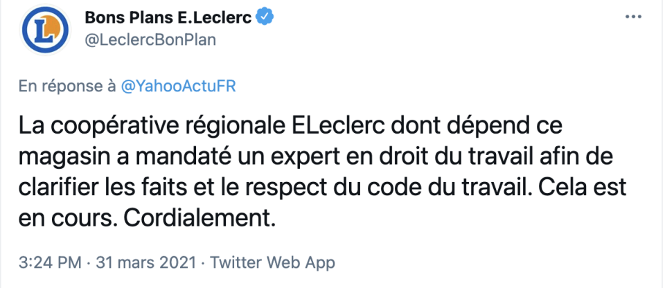 La réponse des supermarchés E.Leclerc (Twittter)