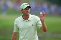 GREENSBORO, NC - AUGUST 18: Sergio Garcia of Spain waves to the crowd after making birdie on the 15th hole during the third round of the Wyndham Championship at Sedgefield Country Club on August 18, 2012 in Greensboro, North Carolina. (Photo by Hunter Martin/Getty Images)