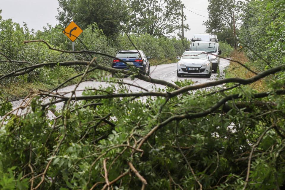 Motorists contend with downed trees on the N72 just outside of Fermoy in County Cork (PA)