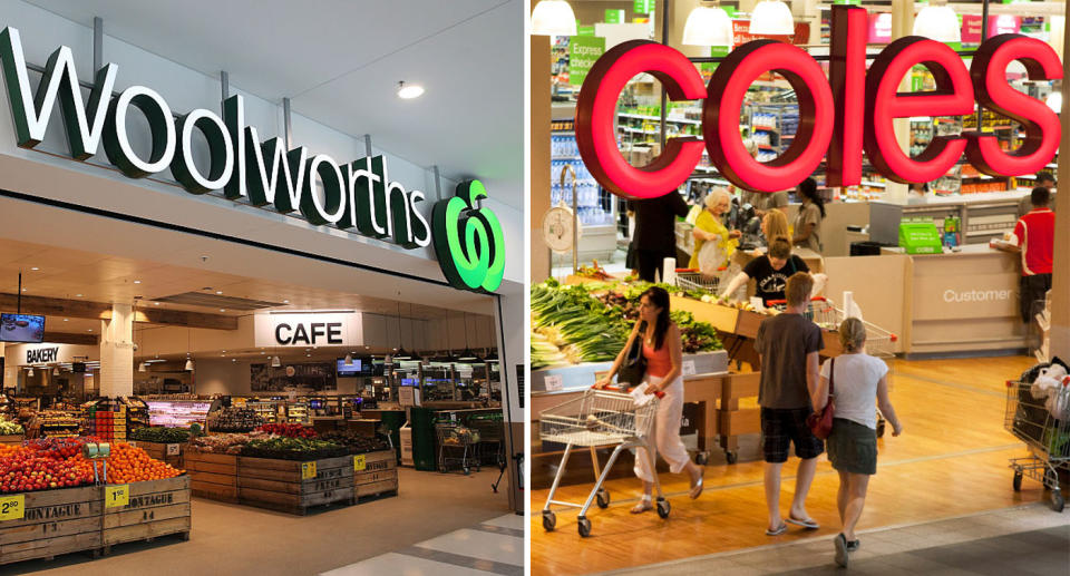 Pictured is a shop front of Woolworths (left) and Coles (right). 