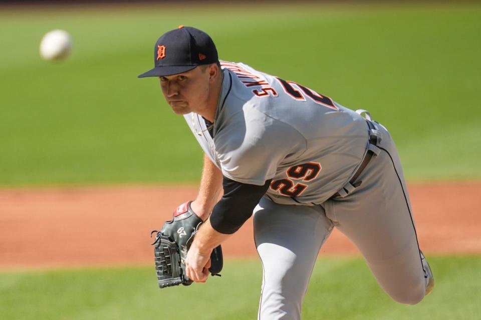 Detroit Tigers' Tarik Skubal pitches against the Cleveland Guardians in the first inning of Game 1 of a doubleheader at Progressive Field in Cleveland on Friday, Aug. 18, 2023.